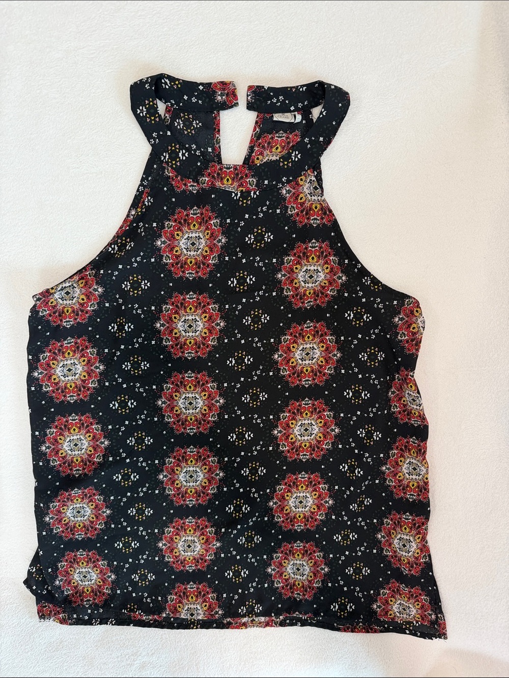 Paper Crane Black Halter Camisole with Red Floral Medallions